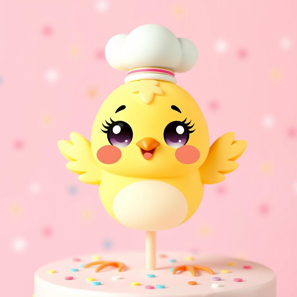A cute kawaii chicken topper, featuring an adorable round chicken character with big sparkling eyes and rosy cheeks