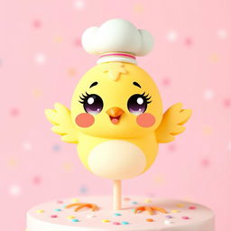 A cute kawaii chicken topper, featuring an adorable round chicken character with big sparkling eyes and rosy cheeks