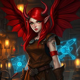 A female tiefling artificer, with striking flowing red hair cascading down her back and large, majestic red wings