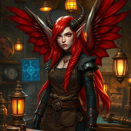 A female tiefling artificer, with striking flowing red hair cascading down her back and large, majestic red wings