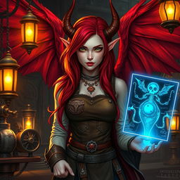 A female tiefling artificer, with striking flowing red hair cascading down her back and large, majestic red wings