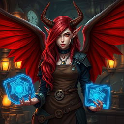 A female tiefling artificer, with striking flowing red hair cascading down her back and large, majestic red wings