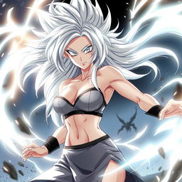 An anime female Saiyan in her Mastered Ultra Instinct form, featuring flowing silver hair and glowing, intense silver eyes