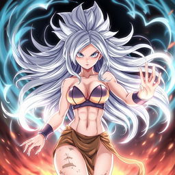An anime female Saiyan in her Mastered Ultra Instinct form, featuring flowing silver hair and glowing, intense silver eyes