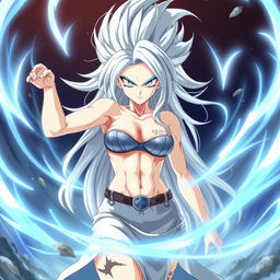 An anime female Saiyan in her Mastered Ultra Instinct form, featuring flowing silver hair and glowing, intense silver eyes