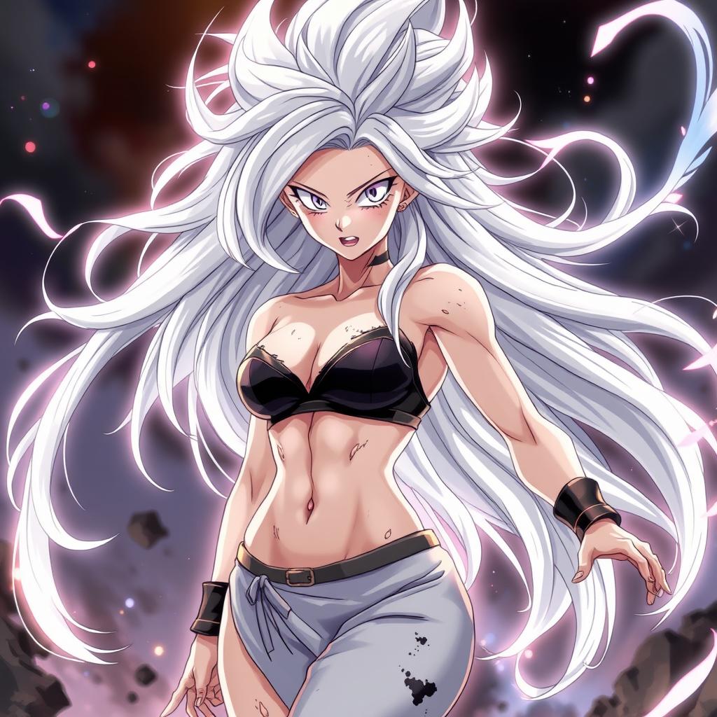 An anime female Saiyan in her Mastered Ultra Instinct form, featuring flowing silver hair and glowing, intense silver eyes