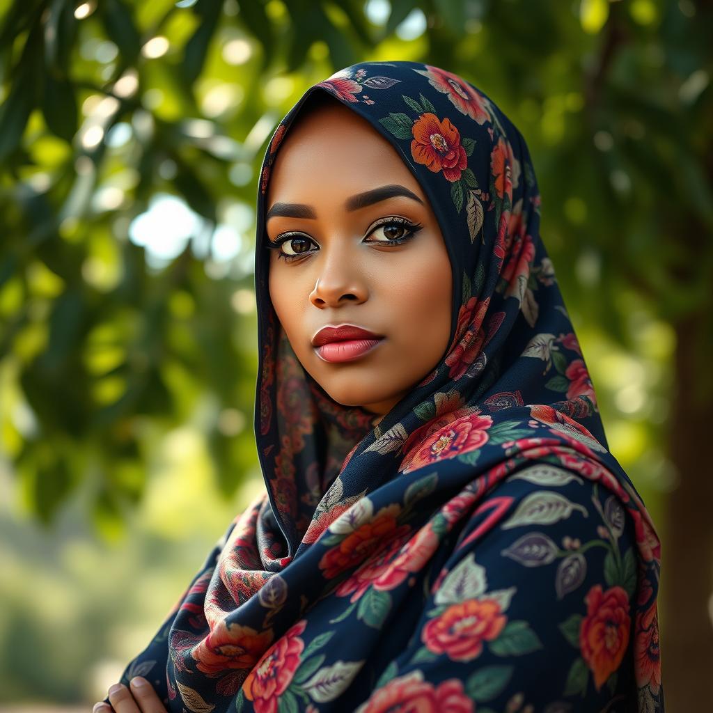 A striking portrait of a confident woman wearing a beautifully patterned hijab, with an emphasis on her graceful posture
