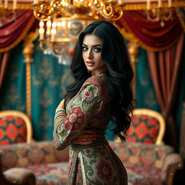 A sensual and confident Arab woman with long dark hair, wearing a beautifully intricate traditional outfit adorned with vibrant patterns