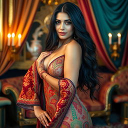 A sensual and confident Arab woman with long dark hair, wearing a beautifully intricate traditional outfit adorned with vibrant patterns