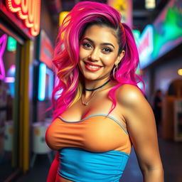 A playful and confident Latina woman with vibrant rainbow-colored hair styled in a fun and carefree manner