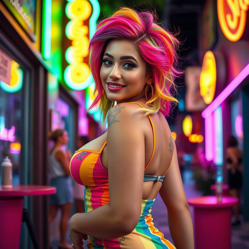 A playful and confident Latina woman with vibrant rainbow-colored hair styled in a fun and carefree manner