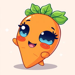 A cute kawaii-style carrot character, featuring big expressive eyes, a happy smile, and vibrant orange coloration with green leafy tops