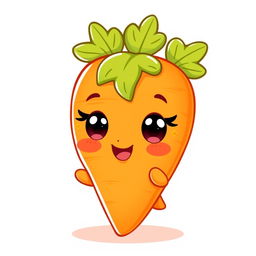 A cute kawaii-style carrot character, featuring big expressive eyes, a happy smile, and vibrant orange coloration with green leafy tops