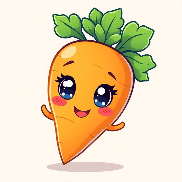 A cute kawaii-style carrot character, featuring big expressive eyes, a happy smile, and vibrant orange coloration with green leafy tops