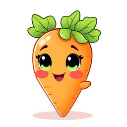 A cute kawaii-style carrot character, featuring big expressive eyes, a happy smile, and vibrant orange coloration with green leafy tops