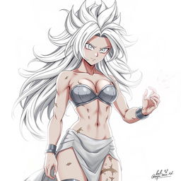 A drawing of an anime female Saiyan in her Mastered Ultra Instinct form, featuring flowing silver hair and glowing, intense silver eyes