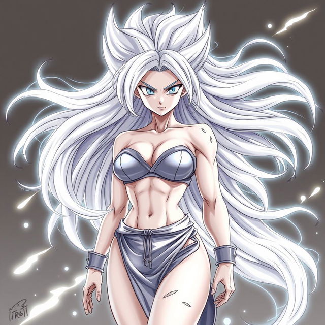 A drawing of an anime female Saiyan in her Mastered Ultra Instinct form, featuring flowing silver hair and glowing, intense silver eyes