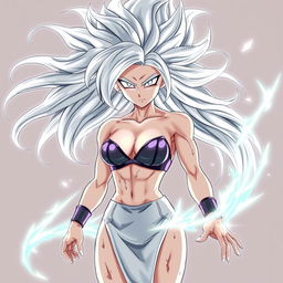 A drawing of an anime female Saiyan in her Mastered Ultra Instinct form, featuring flowing silver hair and glowing, intense silver eyes