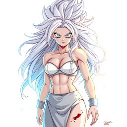 A drawing of an anime female Saiyan in her Mastered Ultra Instinct form, featuring flowing silver hair and glowing, intense silver eyes