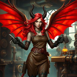 A female tiefling artificer with flowing red hair and large, majestic red wings