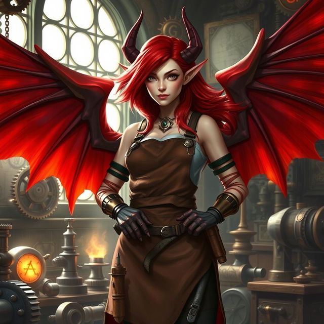 A female tiefling artificer with flowing red hair and large, majestic red wings