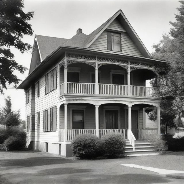 Two-story house with a sheet hanging on the first floor and a balcony on the second floor.