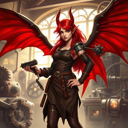A female tiefling artificer with flowing red hair and large, majestic red wings