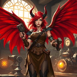 A female tiefling artificer with flowing red hair and large, majestic red wings