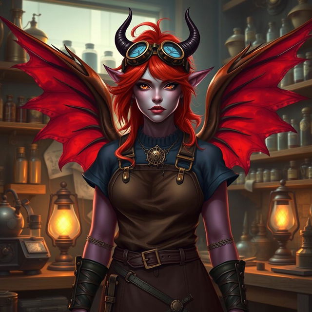 A female tiefling artificer with flowing red hair and large red wings, standing confidently in her workshop