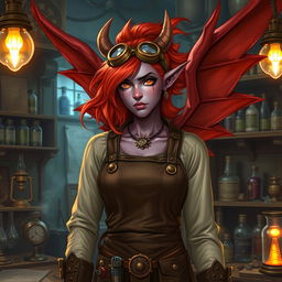 A female tiefling artificer with flowing red hair and large red wings, standing confidently in her workshop