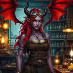 A female tiefling artificer with flowing red hair and large red wings, standing confidently in her workshop