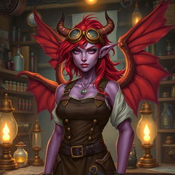 A female tiefling artificer with flowing red hair and large red wings, standing confidently in her workshop