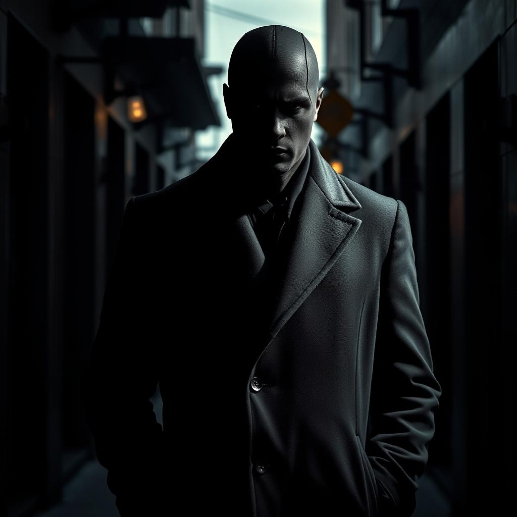A mysterious mafioso figure with a covered face, wearing a sleek black overcoat