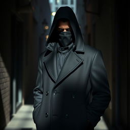 A mysterious mafioso figure with a covered face, wearing a sleek black overcoat