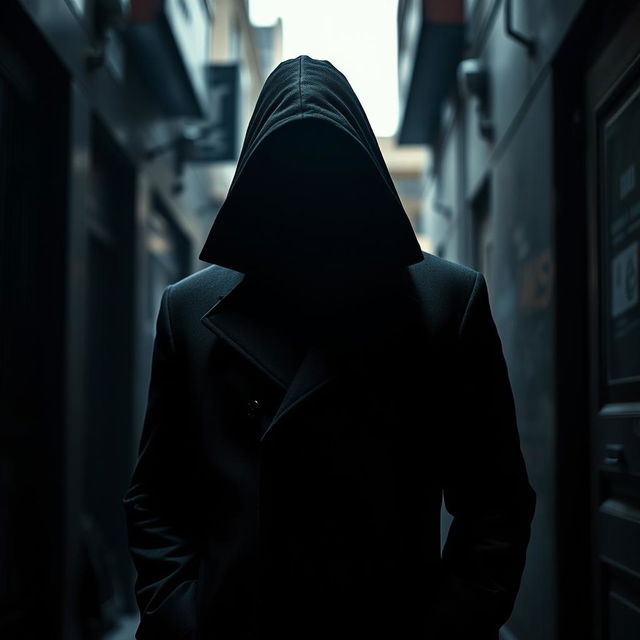 A mysterious mafioso figure with a covered face, wearing a sleek black overcoat
