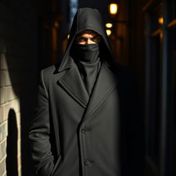 A mysterious mafioso figure with a covered face, wearing a sleek black overcoat