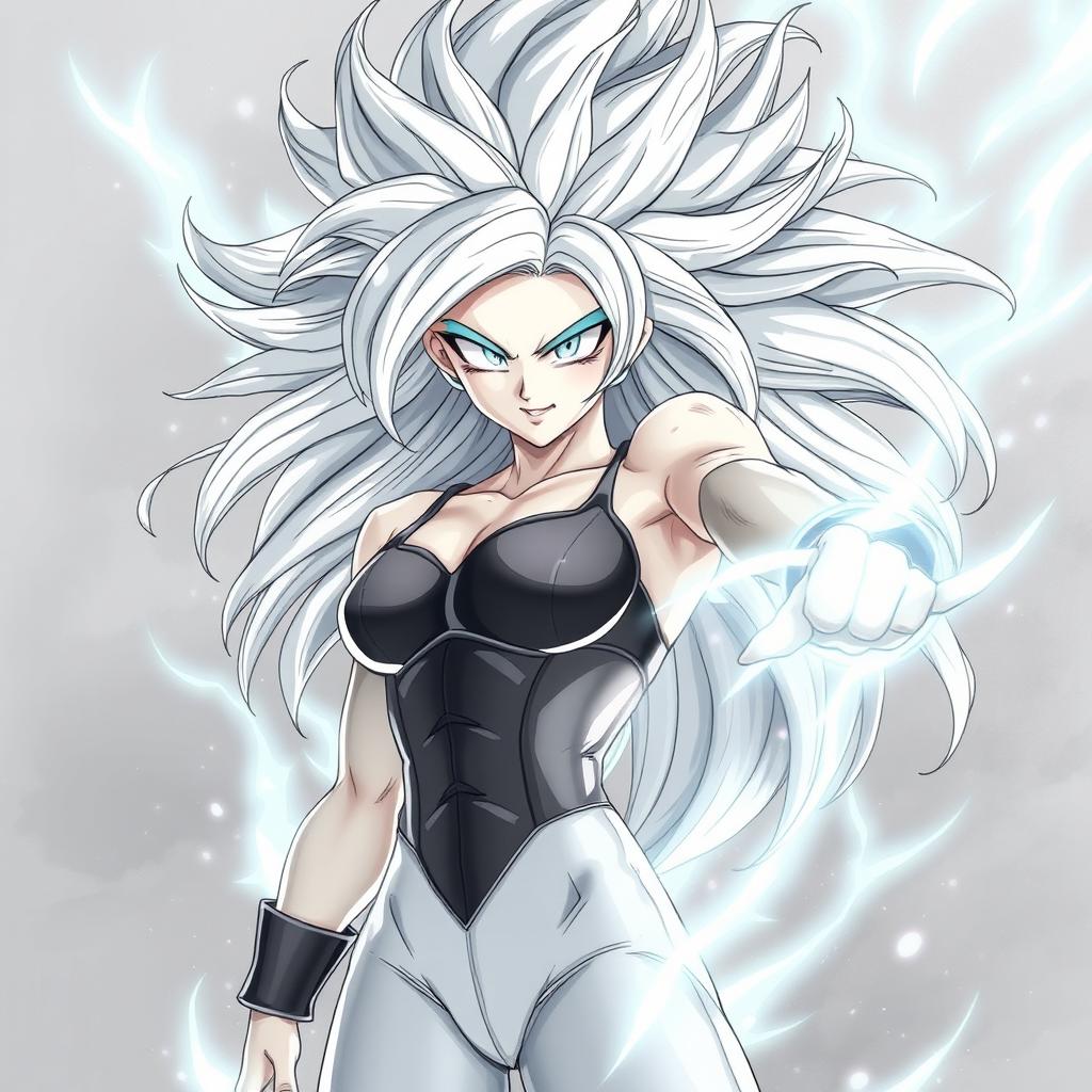 A drawing of an anime female Saiyan in her Mastered Ultra Instinct form, featuring flowing silver hair and glowing, intense silver eyes