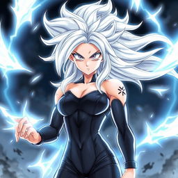 A drawing of an anime female Saiyan in her Mastered Ultra Instinct form, featuring flowing silver hair and glowing, intense silver eyes