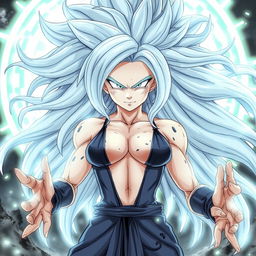 A drawing of an anime female Saiyan in her Mastered Ultra Instinct form, featuring flowing silver hair and glowing, intense silver eyes