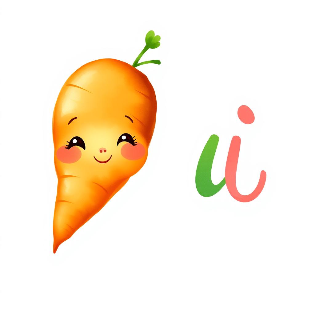 A cute, chubby carrot character, smiling and friendly, with vibrant orange color and green leafy tops