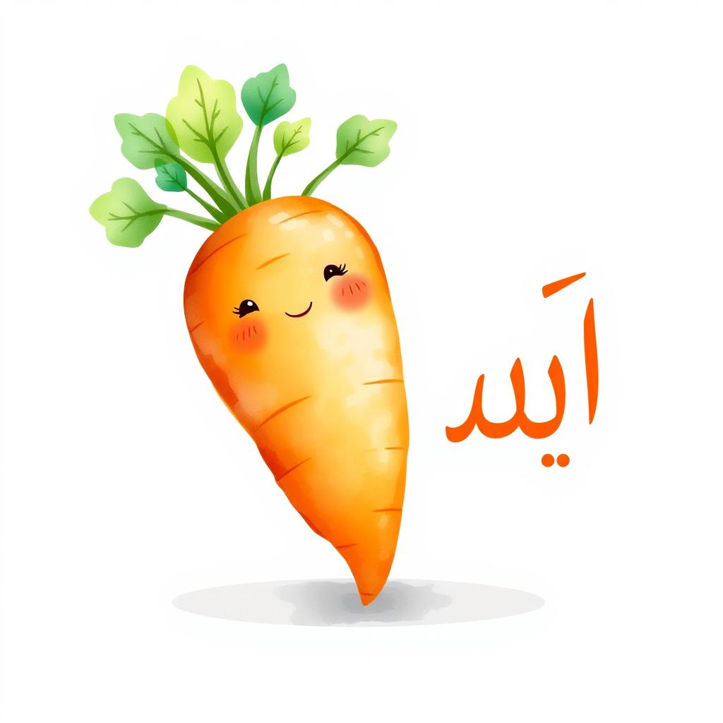 A cute watercolor illustration of a chubby carrot, showcasing its vibrant orange color and green leafy tops, with a charming smile