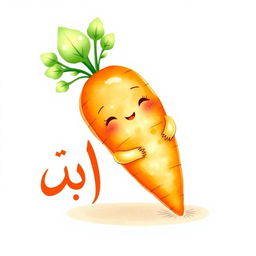 A cute watercolor illustration of a chubby carrot, showcasing its vibrant orange color and green leafy tops, with a charming smile