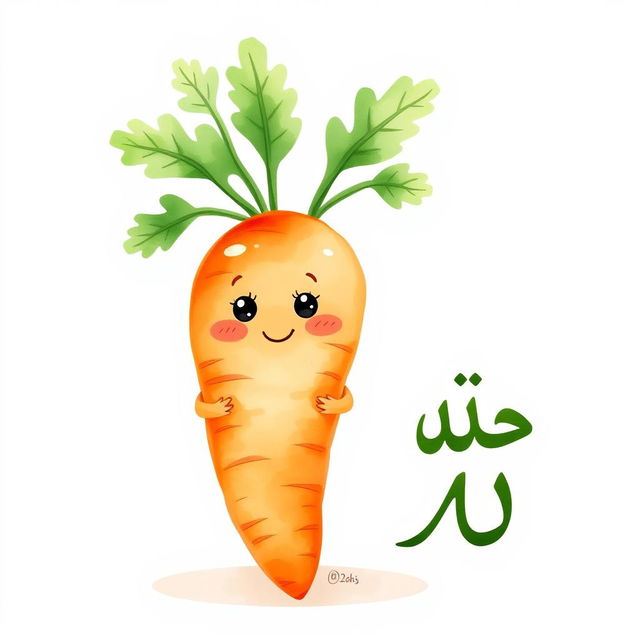 A cute watercolor illustration of a chubby carrot, showcasing its vibrant orange color and green leafy tops, with a charming smile