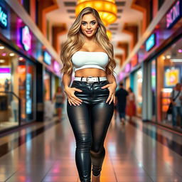 A full-length photograph of a striking and curvy 18-year-old girl, exuding sexiness and confidence as she walks towards the viewer in a vibrant mall setting
