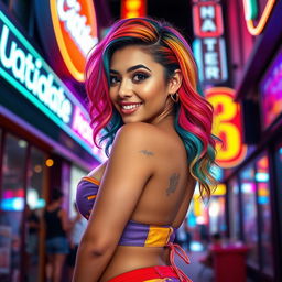A playful and confident Latina woman with vibrant rainbow-colored hair, styled in a fun and lively fashion
