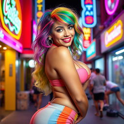 A playful and confident Latina woman with vibrant rainbow-colored hair, styled in a fun and lively fashion