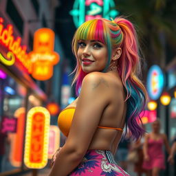 A playful and confident Latina woman with vibrant rainbow-colored hair, styled in a fun and lively fashion