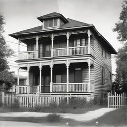 Two-story house with a sheet hanging on the first floor and a balcony on the second floor.