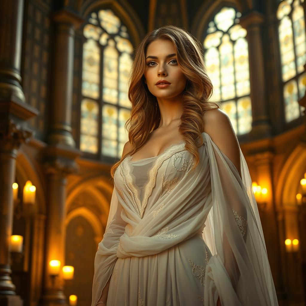 A close-up captivating medieval-inspired scene set within a grand, ornate hall illuminated by warm, golden candlelight