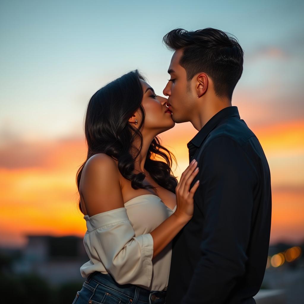 A glamorous brunette woman with big breasts leaning in for a passionate kiss with a handsome young brunette man